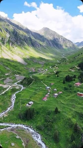 وادي جبلي أخضر وفيه نهر صغير وبيوت متفرقة في مرتفعات شمال تركيا